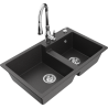 Mexen Tomas granite kitchen sink with 2 bowls and Savita kitchen faucet, speckled black - 6516-76-672601-00