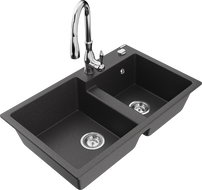 Mexen Tomas 2-compartment granite sink with a kitchen mixer tap Savita, spotted black - 6516-76-672601-00