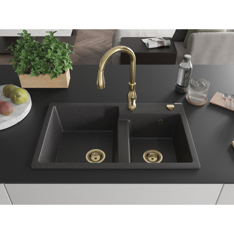Mexen Tomas 2-bowl granite sink with Savita kitchen faucet, black speckled - 6516-76-672601-50