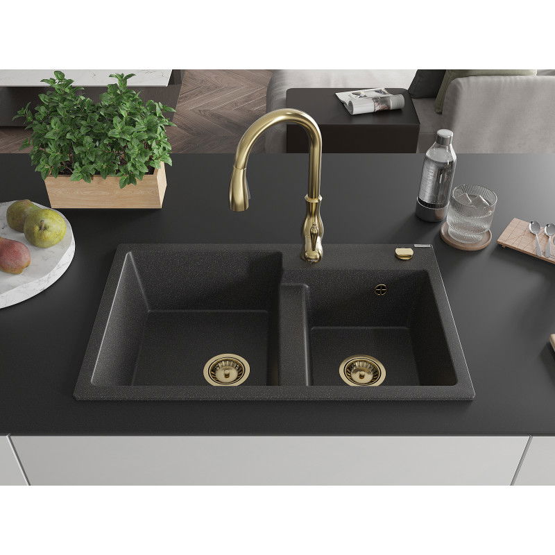 Mexen Tomas granite sink 2-bowl with Savita kitchen tap, black speckled - 6516-76-672601-50