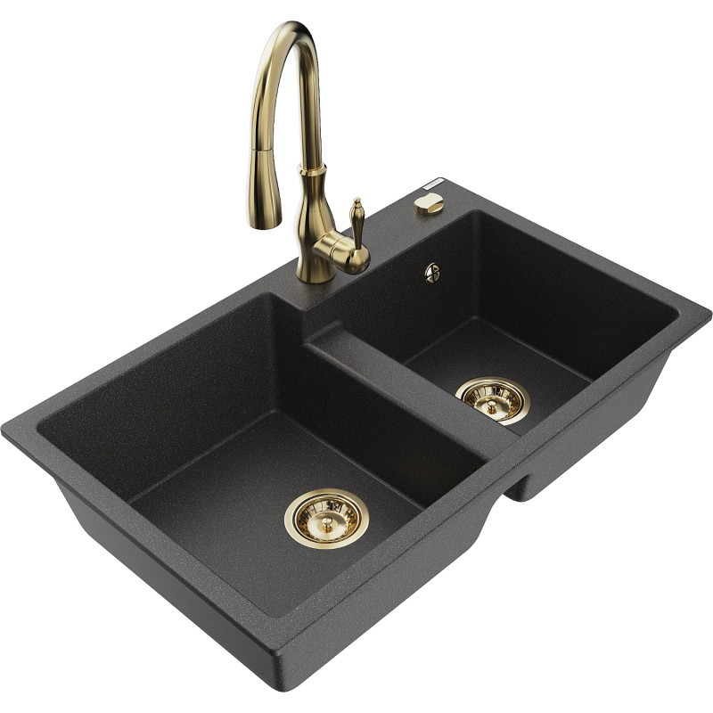 Mexen Tomas 2-bowl granite sink with Savita kitchen faucet, black speckled - 6516-76-672601-50