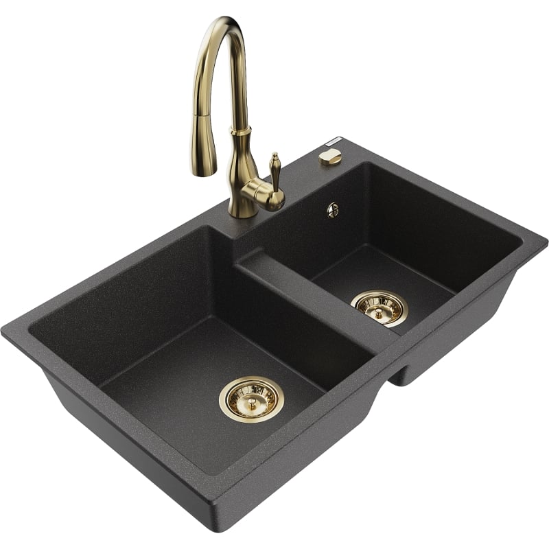 Mexen Tomas 2-chamber granite sink with Savita kitchen faucet, black speckled - 6516-76-672601-50