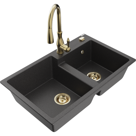 Mexen Tomas 2-bowl granite sink with Savita kitchen faucet, black speckled - 6516-76-672601-50