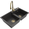 Mexen Tomas 2-bowl granite sink with Savita kitchen faucet, black speckled - 6516-76-672601-50