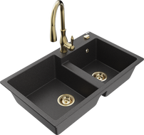 Mexen Tomas 2-bowl granite sink with Savita kitchen faucet, black speckled - 6516-76-672601-50