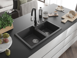 Mexen Tomas 2-bowl granite kitchen sink with Savita faucet, speckled black - 6516-76-672601-70