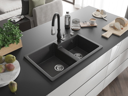 Mexen Tomas 2-compartment granite sink with a kitchen mixer tap Savita, spotted black - 6516-76-672601-70