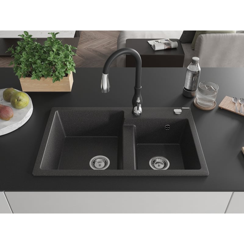 Mexen Tomas 2-bowl granite sink with Savita kitchen faucet, black speckled - 6516-76-672601-70