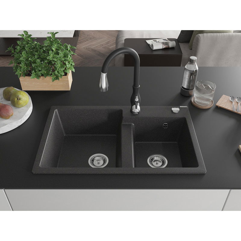 Mexen Tomas granite kitchen sink 2-bowl with Savita kitchen tap, black speckled - 6516-76-672601-70