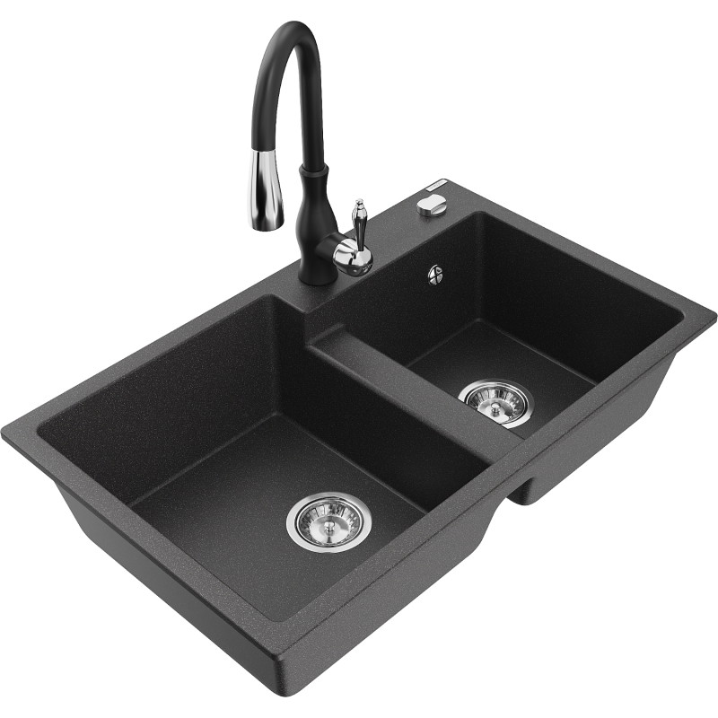 Mexen Tomas 2-bowl granite kitchen sink with Savita faucet, speckled black - 6516-76-672601-70