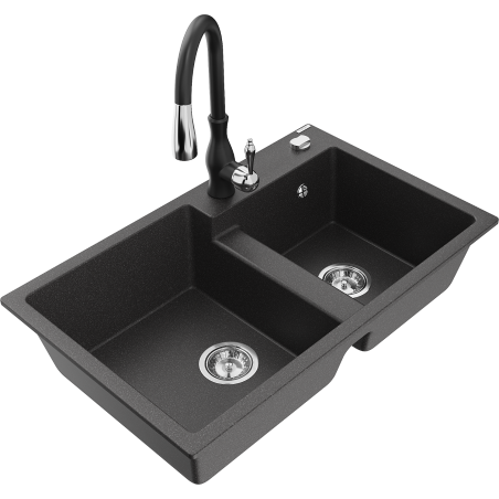 Mexen Tomas 2-bowl granite sink with Savita kitchen faucet, black speckled - 6516-76-672601-70