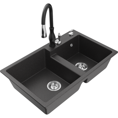 Mexen Tomas granite kitchen sink 2-bowl with Savita kitchen tap, black speckled - 6516-76-672601-70