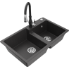 Mexen Tomas 2-bowl granite kitchen sink with Savita faucet, speckled black - 6516-76-672601-70