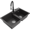 Mexen Tomas granite kitchen sink 2-bowl with Savita kitchen tap, black speckled - 6516-76-672601-70