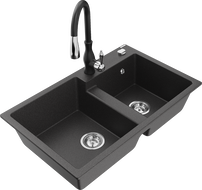 Mexen Tomas 2-bowl granite kitchen sink with Savita faucet, speckled black - 6516-76-672601-70