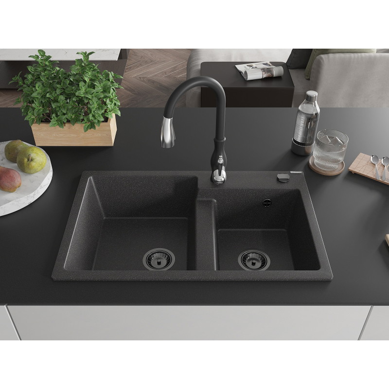 Mexen Tomas granite double-bowl sink with Savita kitchen faucet, speckled black - 6516-76-672601-70-B