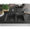 Mexen Tomas granite double-bowl sink with Savita kitchen faucet, speckled black - 6516-76-672601-70-B