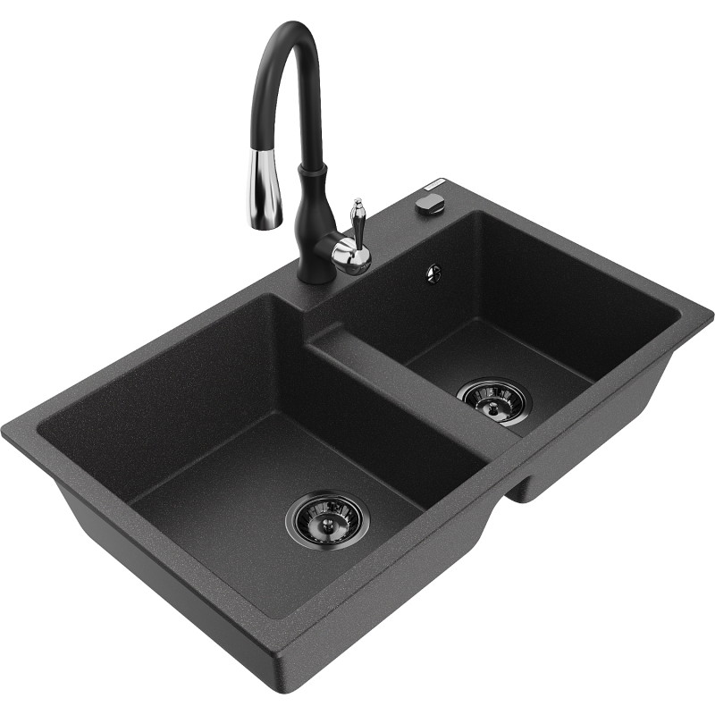 Mexen Tomas 2-bowl granite sink with Savita kitchen faucet, speckled black - 6516-76-672601-70-B