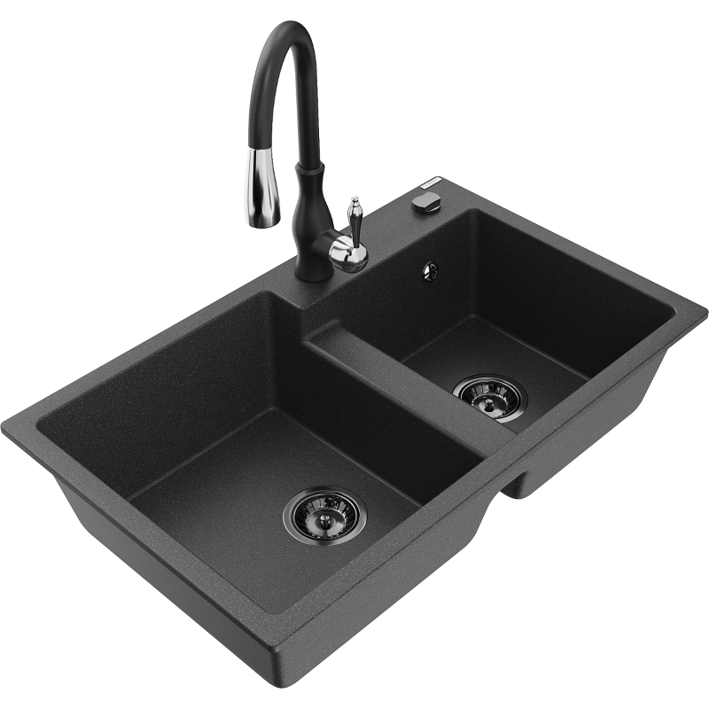 Mexen Tomas granite sink 2-chamber with kitchen tap Savita, black speckled - 6516-76-672601-70-B