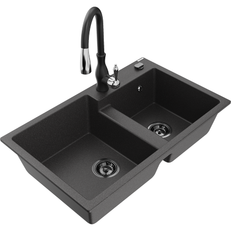 Mexen Tomas 2-bowl granite sink with Savita kitchen faucet, speckled black - 6516-76-672601-70-B