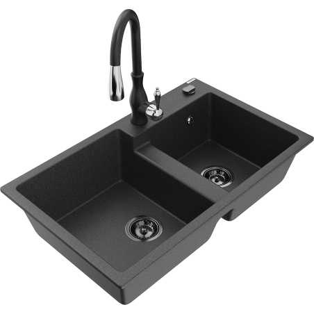 Mexen Tomas granite sink 2-chamber with kitchen tap Savita, black speckled - 6516-76-672601-70-B