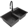 Mexen Tomas 2-bowl granite sink with Savita kitchen faucet, speckled black - 6516-76-672601-70-B