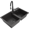 Mexen Tomas granite double-bowl sink with Savita kitchen faucet, speckled black - 6516-76-672601-70-B