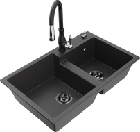 Mexen Tomas granite double-bowl sink with Savita kitchen faucet, speckled black - 6516-76-672601-70-B