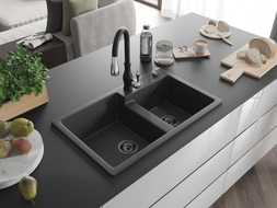 Mexen Tomas granite double-bowl sink with Savita kitchen faucet, speckled black - 6516-76-672601-70-B