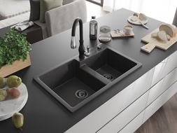 Mexen Tomas granite sink 2-chamber with kitchen tap Savita, black speckled - 6516-76-672601-70-B