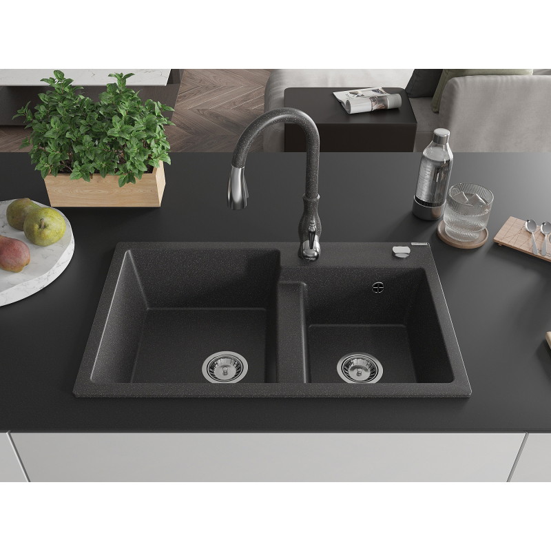 Mexen Tomas granite double-basin sink with Savita kitchen faucet, speckled black - 6516-76-672601-76