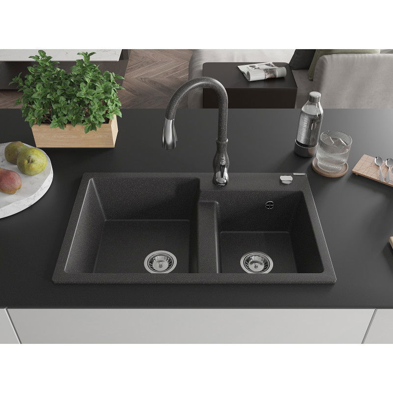 Mexen Tomas granite kitchen sink 2-bowl with Savita kitchen tap, black speckled - 6516-76-672601-76