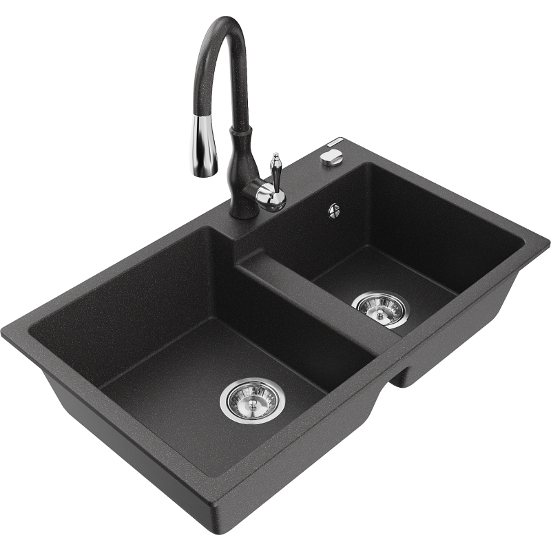 Mexen Tomas 2-compartment granite sink with a kitchen mixer tap Savita, spotted black - 6516-76-672601-76