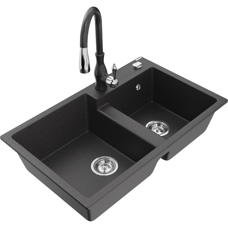 Mexen Tomas granite kitchen sink 2-bowl with Savita kitchen tap, black speckled - 6516-76-672601-76