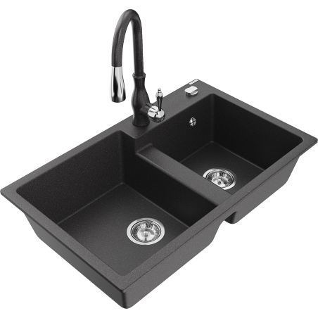 Mexen Tomas granite double-basin sink with Savita kitchen faucet, speckled black - 6516-76-672601-76