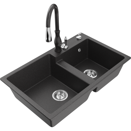 Mexen Tomas granite kitchen sink 2-bowl with Savita kitchen tap, black speckled - 6516-76-672601-76