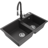 Mexen Tomas granite kitchen sink 2-bowl with Savita kitchen tap, black speckled - 6516-76-672601-76