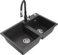 Mexen Tomas granite double-basin sink with Savita kitchen faucet, speckled black - 6516-76-672601-76