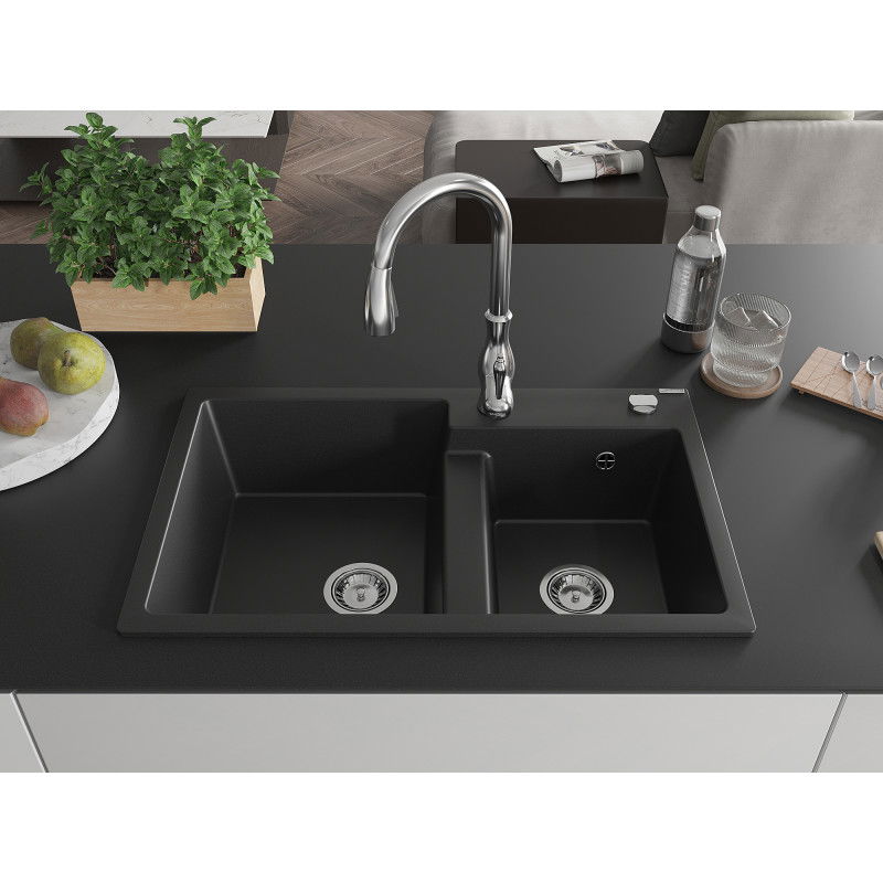 Mexen Tomas granite sink double bowl with Savita kitchen tap, black - 6516-77-672601-00