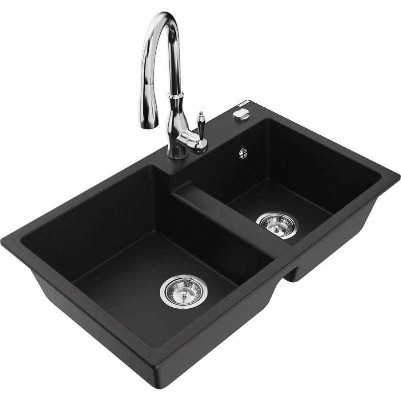 Mexen Tomas 2-compartment granite sink with a kitchen mixer tap Savita, Black - 6516-77-672601-00