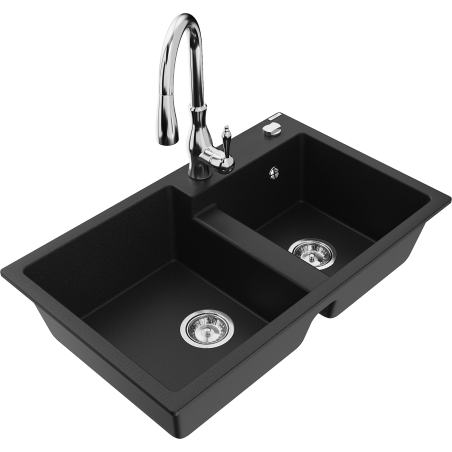 Mexen Tomas granite sink double-bowl with Savita kitchen faucet, black - 6516-77-672601-00