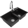 Mexen Tomas granite sink double-bowl with Savita kitchen faucet, black - 6516-77-672601-00