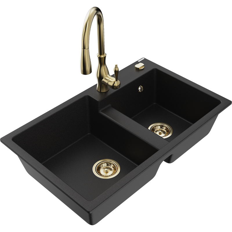 Mexen Tomas 2-compartment granite sink with a kitchen mixer tap Savita, Black - 6516-77-672601-50