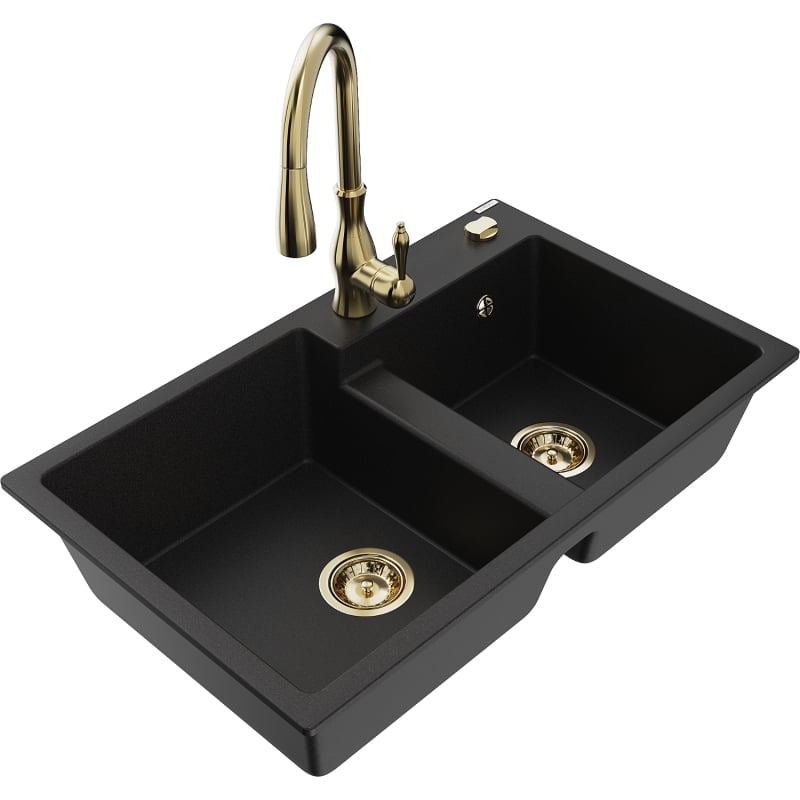 Mexen Tomas 2-compartment granite sink with Savita kitchen faucet, black - 6516-77-672601-50
