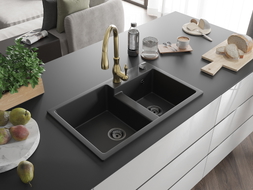 Mexen Tomas 2-chamber granite sink with kitchen faucet Savita, black - 6516-77-672601-50-B