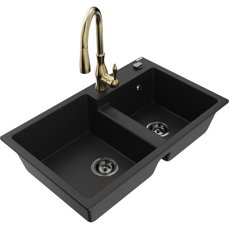 Mexen Tomas 2-chamber granite sink with kitchen faucet Savita, black - 6516-77-672601-50-B