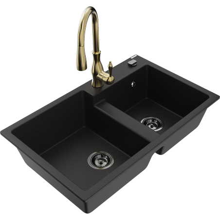 Mexen Tomas 2-bowl granite kitchen sink with Savita faucet, black - 6516-77-672601-50-B