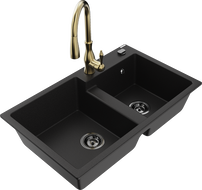 Mexen Tomas 2-chamber granite sink with kitchen faucet Savita, black - 6516-77-672601-50-B