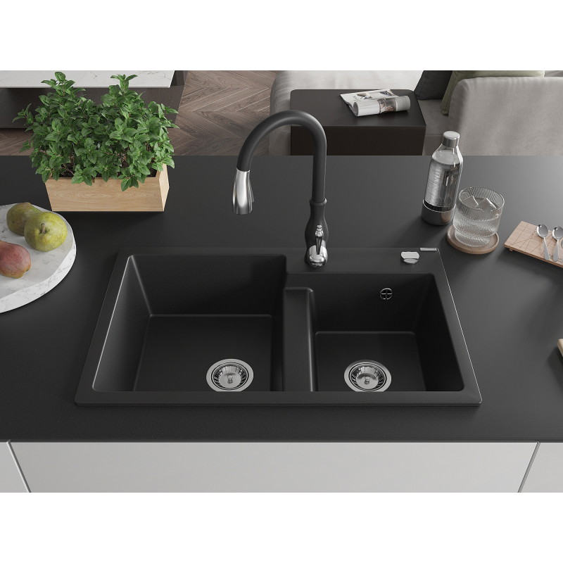 Mexen Tomas 2-bowl granite kitchen sink with Savita faucet, black - 6516-77-672601-70