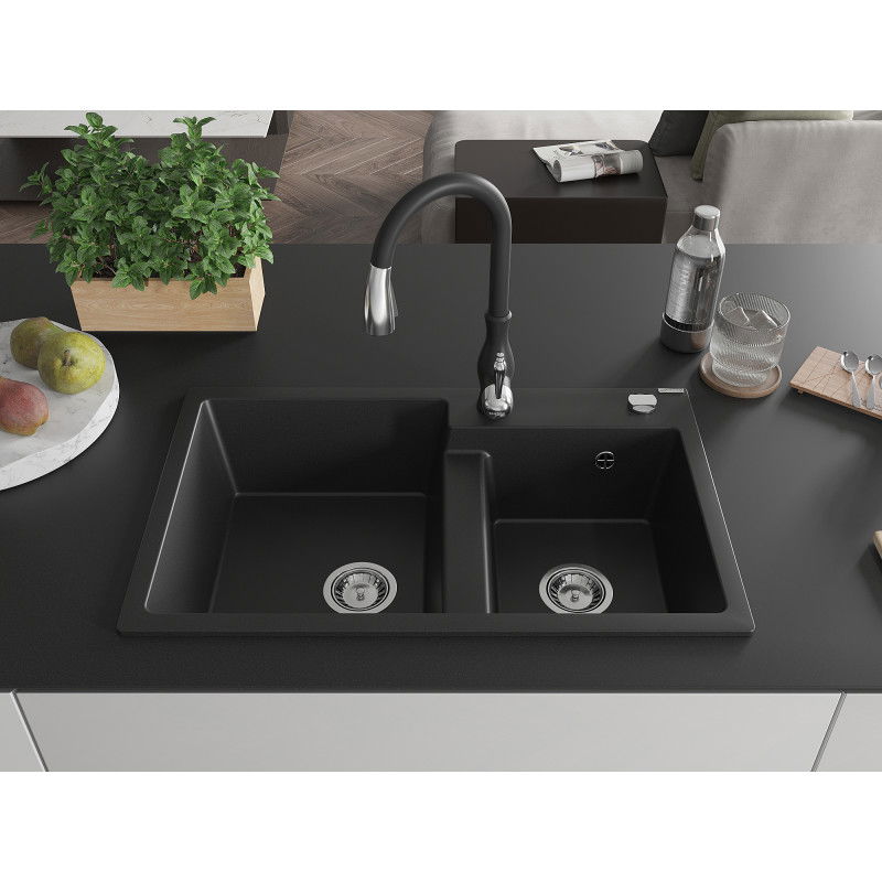Mexen Tomas granite 2-bowl sink with Savita kitchen tap, black - 6516-77-672601-70
